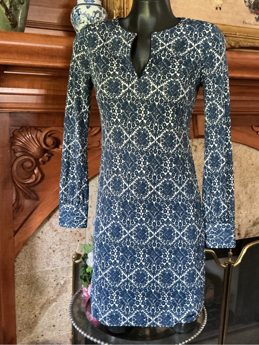Tory Burch Blue and White 100% Silk Knit Dress S